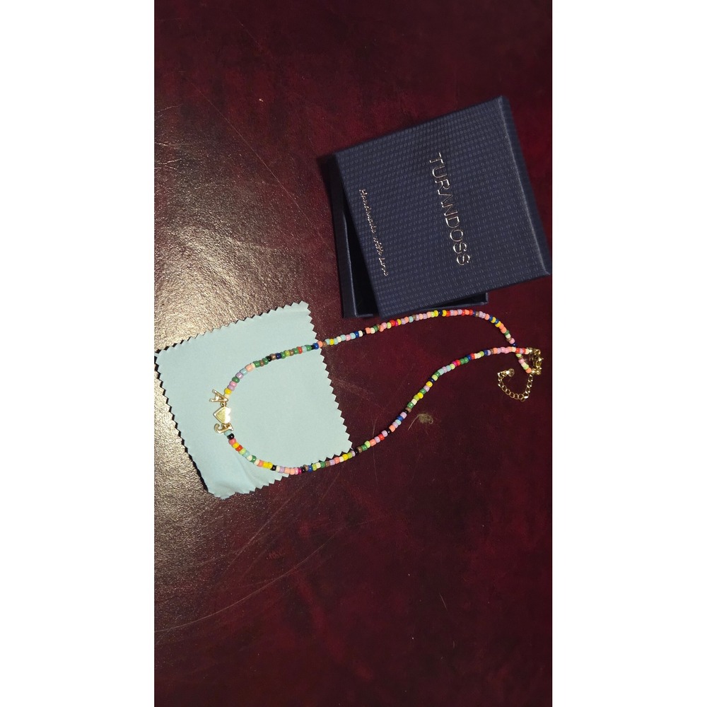 Turandoss Handmade Beaded Initial Necklace AJ Heart Gold Tone Multicolor Rainbow